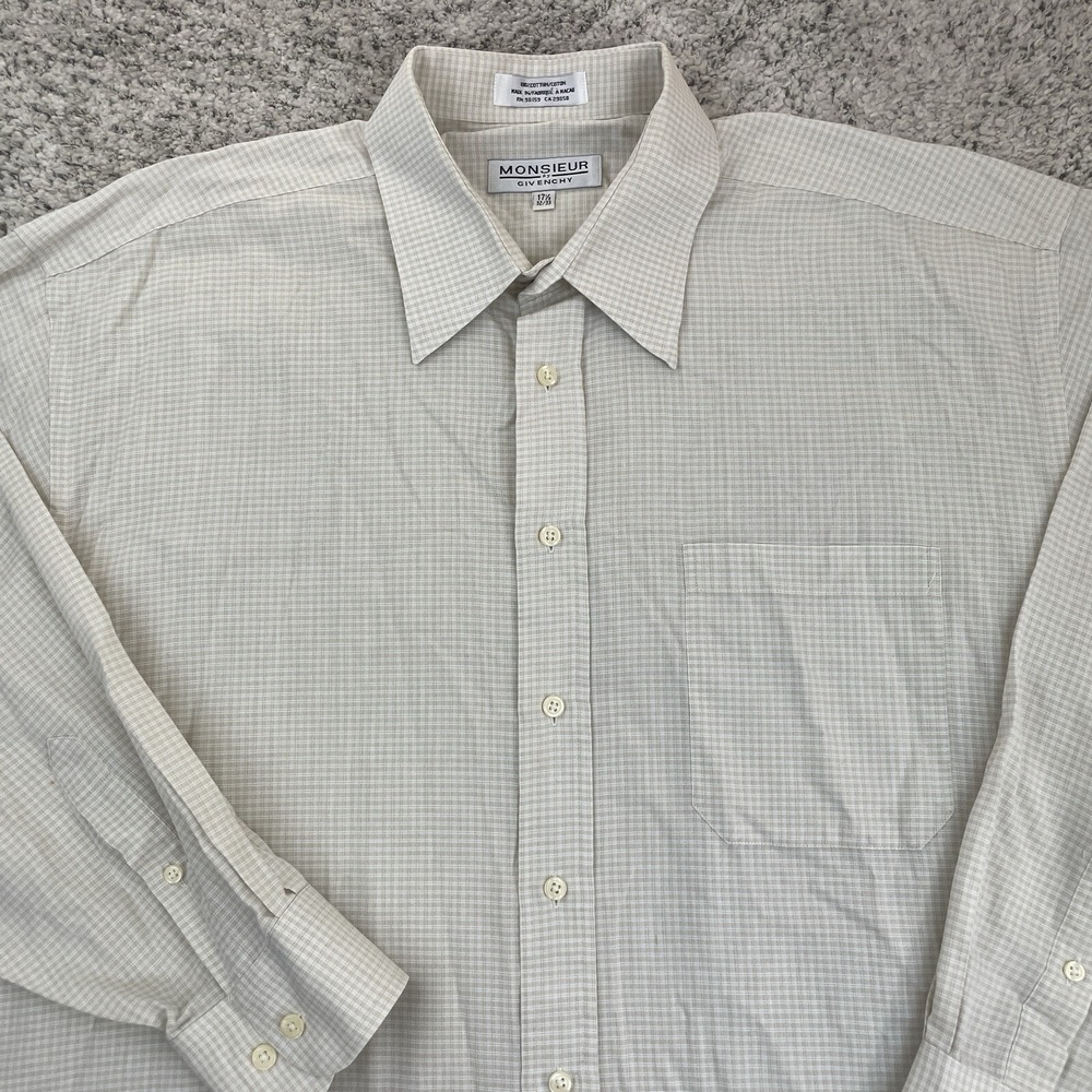 Vintage Givenchy Shirt Mens 17.5 32/33 XXL Monsieur Dress Beige Check Button Up